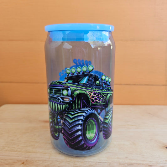 Purple Flames Monster Truck Blue Plastic Tumbler